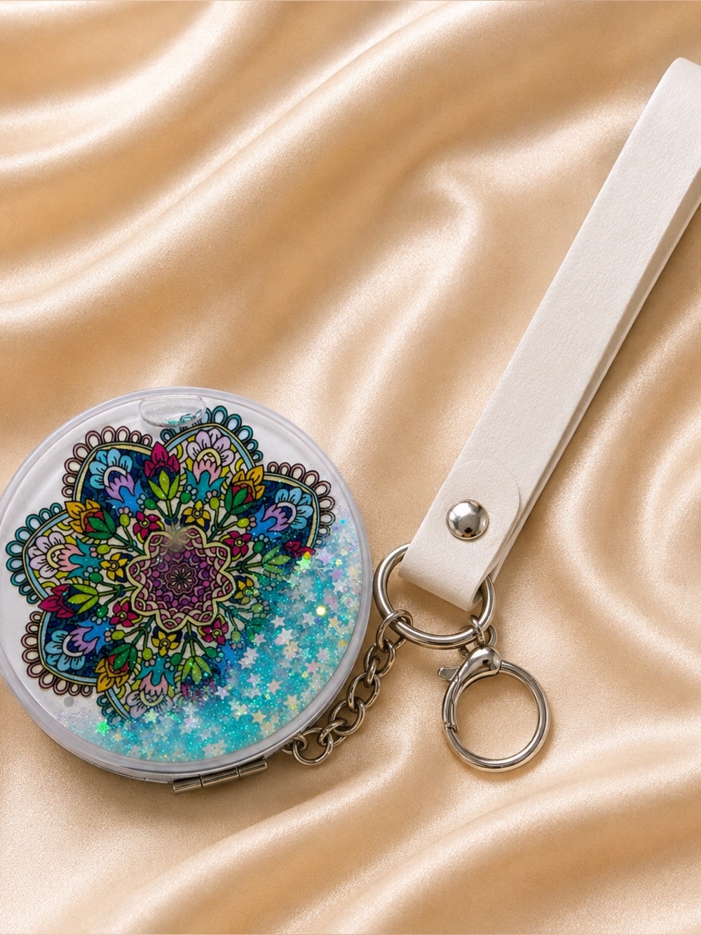 Floral Mandala Pocket Mirror Keychain with White Strap